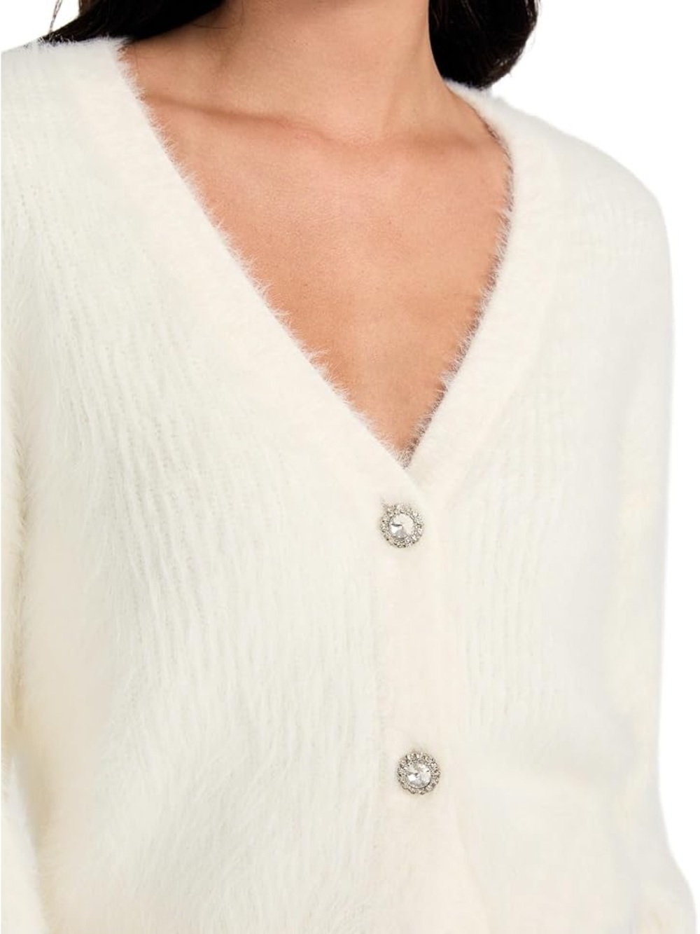 Marled White Fuzzy Cardigan Sweater